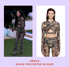 the model is dressed in black and brown floral print pants, cropped top and high waist