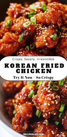 korean fried chicken in a bowl with sesame seeds