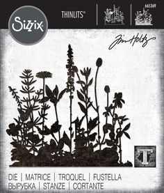 the silhouettes of flowers and plants are shown in black and white, with text that reads