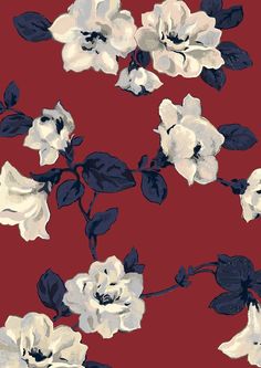 a red background with white and blue flowers