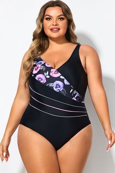 Black Flower Printed Women One Piece Swimsuit Black One-piece Swimwear With Floral Print, Spring Printed Black Swimwear, Black Floral Print One-piece Swimwear, Spring Black Printed Swimwear, Black V-neck Swimwear For Spring, Black V-neck Swimwear, Black Floral Print Swimwear, Black Floral Print Swimwear For Spring, Black Flower