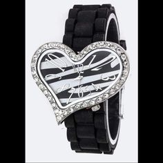 Bezel (approx face circumference) - 1.8" , Strap Width - .8", Stainless SteelBuckle Closure, Lead & Nickel Compliant #AffordableJewelry #FashionJewelry #JewelyAddict #ItsaBlingThing #AffordableFashion #Trendy #WristGame #Watch #FashionWatch #RareFind Trendy Black Watch For Gift, Trendy Black Watch For A Gift, Trendy Black Watch As A Gift, Silver Heart-shaped Watch For Valentine's Day, Trendy Black Party Watches, Heart Watch, Wrist Game, Black Animals, Affordable Jewelry