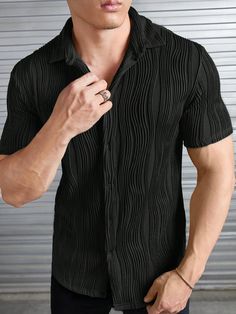 Men Solid Button Up Shirt Black Casual  Short Sleeve Knitted Fabric Plain Shirt Slight Stretch  Men Clothing, size features are:Bust: ,Length: ,Sleeve Length: Black Popcorn, Popcorn Shirt, Black Dress Shirt, Shirt For Man, Mens Black Shirt, Plain Shirt, Men Shirts, Swaggy Outfits, Plain Shirts