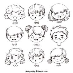 children's faces drawn in black and white, with different hair styles on them