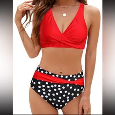 This Two-Piece Cross-Back Swimsuit For Women, Size L, In Red And Blue Colors Is Completely New, Never Been Worn, The Bikini Is Black & White And High-Waisted, And The Top Is Colored. Red And Has Crossed Straps In The Back. Please Review The Photos For More Information. Red Summer Tankini With Lined Body, Red High Waist Tankini For Beach Season, High Waist Red Tankini For Beach Season, Red High-waist Tankini For Beach Season, Red High-waist Swimwear For Party, Red High Waist Tankini For Beachwear, Red High-waist Tankini For Beachwear, Swimsuit For Women, Womens Tankini