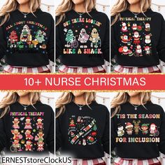 christmas sweaters with the words nurse and santa claus on them, all in different styles