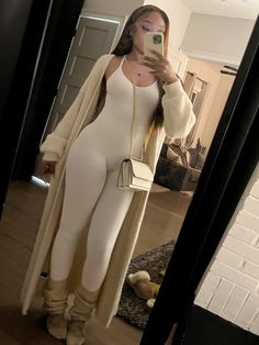 Grey Bodysuit Outfit Winter, Boujee Birthday Outfits Winter, White Tank Top Outfit Winter, White Winter Outfits Black Women, Lace Top Outfit Black Women, Creme Outfits For Women, Classy White Outfits For Women, Going Out To Eat Outfits, Sundress Outfit Baddie