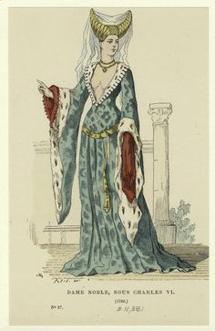 French noblewoman, 1380. Never seen this much cleavage in a 14th century dress before! 1300 Fashion, 1300s Fashion, 14th Century Dress, Middle Ages Dress, Middle Ages Clothing, Aged Clothing, Gothic Costume, Medieval Woman, Century Dress