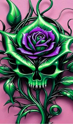 a green skull with a purple rose on it