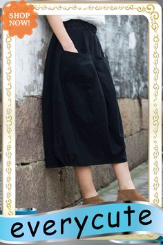 Modern Black Elastic Waist Patchwork Linen A Line Skirt Fall Black Cotton Skirt For Summer, Spring Black Cotton Skirt, Casual Baggy Black Skirt, Casual Black Baggy Skirt, Black Cotton Patchwork Skirt, Black Patchwork Cotton Skirt, Baggy Black Cotton Skirt, Black Solid Color Knee-length Skirt, Black Casual Skirt For Fall