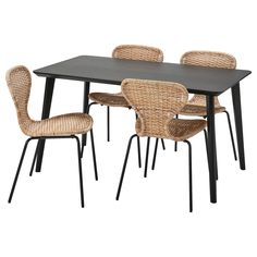 an image of a dining table and chairs with wicker backrests on white background