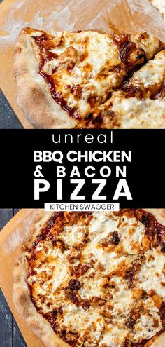 two pizzas sitting on top of wooden cutting boards with the words unreall bbq chicken and bacon pizza