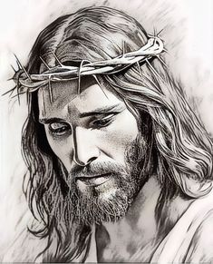 a pencil drawing of jesus wearing a crown of barbed wire