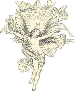 a drawing of a woman with wings on her back and arms spread out, in front of