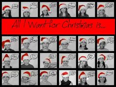 a collage of photos with santa hats and thought bubbles above the words all i want for christmas is