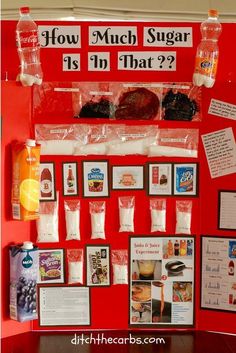 a red bulletin board with pictures and words on it that says how much sugar is in that?