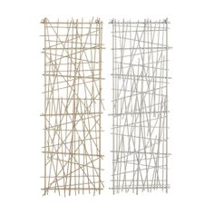 two pieces of art made out of bamboo sticks on a white background, each with different shapes and sizes