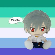 a stuffed toy with an anime character saying i'm gay in front of a striped background