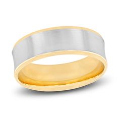 two tone gold and silver wedding ring with satin finish inlaying the center, set on an 18k yellow gold band