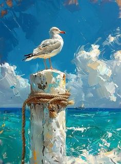 a painting of a seagull sitting on top of a pole in the ocean