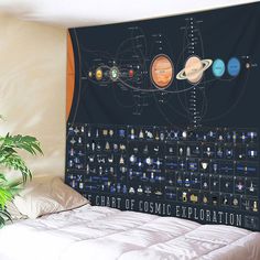 the solar system tapestry is on display in a room with a bed and potted plant