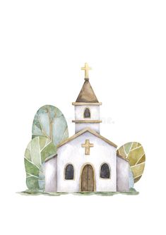 a watercolor painting of a church with trees and bushes in the background royalty illustration