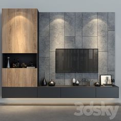 a modern living room with grey walls and wooden furniture, including a tv on the wall