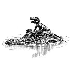 a drawing of an alligator sitting on top of a rock in the middle of water