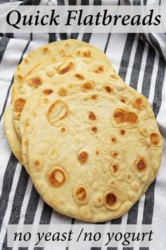 stack of flatbreads on a black and white striped cloth Naan Bread Recipe No Yogurt, Quick Flatbread, Recipes With Naan Bread, No Yeast Bread, Artisan Bread Recipes