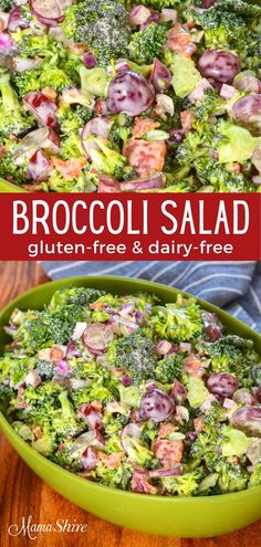 broccoli salad in a green bowl on top of a wooden table with text overlay