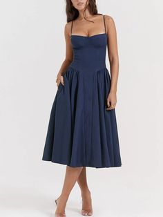 Sweetheart Neck Spaghetti Straps Volume Midi Dress Corset Sundress, Navy Corset, One And Done, Midi Sundress, Sleeveless Outfit, French Navy, Samar, Dress Cuts, Twill Fabric