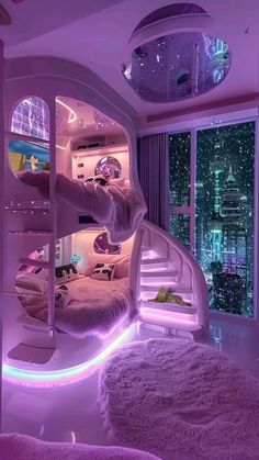 this is a bedroom with purple lighting and lots of white furs on the floor