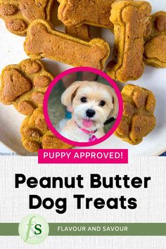 a plate with some dog treats on it and the words, puppy approved peanut butter dog treats