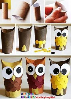 an owl made out of toilet paper is shown with instructions on how to make it