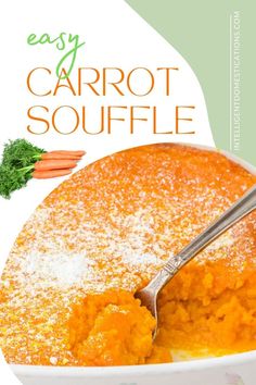 carrot soufflé in a square casserole dish with a scoop on a spoon Carrot Casserole Recipes Sweet, Piccadilly Carrot Souffle, Carrot Souffle Piccadilly, Carrot Casserole Recipes Thanksgiving, Carrot Casserole Recipes, Easy Carrot Souffle Recipe, Carrot Souffle Recipe, Caserole Recipes, Carrot Recipes Side Dishes