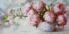 a painting of pink flowers in a blue and white vase