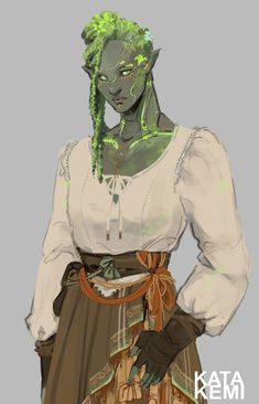 a drawing of a woman with green hair wearing a white blouse and brown skirt, standing in front of a gray background