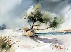 a watercolor painting of a tree on the beach with storm clouds in the background