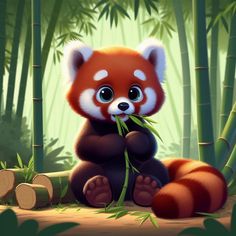 a red panda bear eating bamboo in the jungle with green leaves on it's back