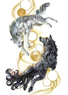 the two wolfs are depicted in this artistic tattoo art work, which is done on white paper