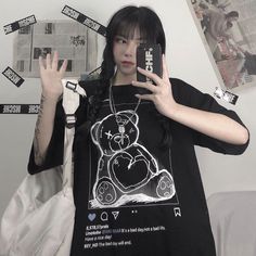 Korean Dropshipping Cute Bear Hip Hop Vintage Letter Punk Clothes Top Short Sleeve Large Print Harajuku Women T-Shirt Kawaii Tops, Summer Punk, Cartoon Female, Harajuku Clothes, White Cartoon, Harajuku Women, Punk T Shirt, Hip Hop Outfits, Punk Outfits