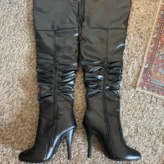 Great Condition, Never Worn! Forever 21 Boots For Fall Party, Forever 21 Party Boots For Fall, Casual Party Boots By Forever 21, Forever 21 Casual Party Boots, Trendy Fitted Forever 21 Boots, Black Knee-high Boots With Reinforced Heel, Black Synthetic Lace-up Knee-high Boots, Black High Heel Knee-high Boots With Zipper, Synthetic Knee-high Boots With Reinforced Heel And Medium Width