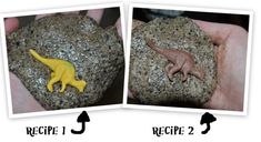 there are two pictures of small toy dinosaurs on the rocks, one is yellow and the other is brown