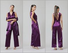 Plum Wide Leg Satin Jumpsuit With Scarf V Neck Low V Back - Etsy Bosnia and Herzegovina Jumpsuit Backless, Cocktail Jumpsuit, Bridesmaids Jumpsuits, Purple Jumpsuit, Satin Jumpsuit, Womens Jumpsuits, Velvet Jumpsuit, Backless Jumpsuit, Party Kleidung