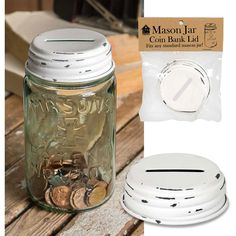 mason jar coin bank with lid and money clippings on wooden table next to package