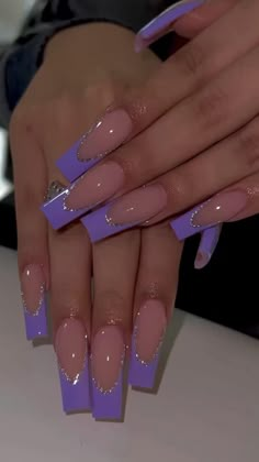 Trendy Nails Purple And White, Purple French Tip Nails With Rhinestones, Baddie Nails Acrylic Short Summer, Birthday Nails Inspo Purple, Purple Acrylic Birthday Nails, May French Tip Nails, Purple French Tip With Gems, Purple Square Nail Designs, Long Purple French Tip Nails