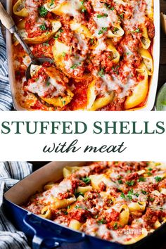 stuffed shells with meat in a blue casserole dish and on a wooden table