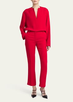 Find VALENTINO Fla Suiting Trousers on Editorialist. Valentino Garavani suiting trousers Full length High rise Flare legs Side slip pockets; back welt pockets Tab/zip fly; belt loops Silk Made in Italy Elegant Red Business Pants, Red Workwear Pants With Welt Pockets, Red Workwear Pantsuit With Pockets, Red Work Pants With Welt Pockets, Red Elegant Pantsuit, Red Pantsuit With Pockets For Work, Elegant Red Pantsuit With Straight Pants, Red Pantsuit With Trousers For Formal Occasions, Chic Red Dress Pants For Formal Occasions