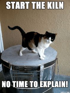 a cat standing on top of an old stove that says start the kiln no time to explain