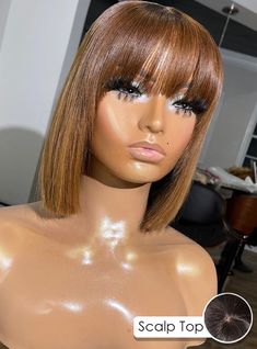 Caramel Brown Blunt Cut Bangs Bob Scalp Top Wig - JCS010 Bob With Bangs Blonde, Bob Bangs, Caramel Brown Hair, Cut Bangs, Burmese Hair, Bangs Bob, Top Wig, Bob Cut Wigs, Natural Looking Wigs